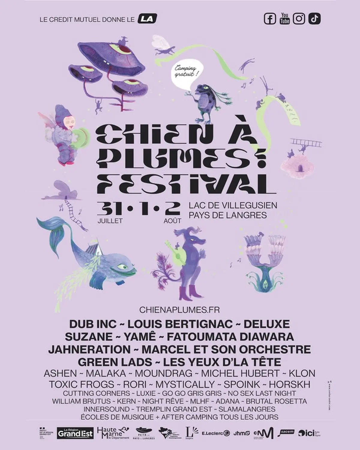 Programmation 2026 du Chien à Plumes Festival au lac de Villegusien : plus de 40 groupes sur 5 scènes