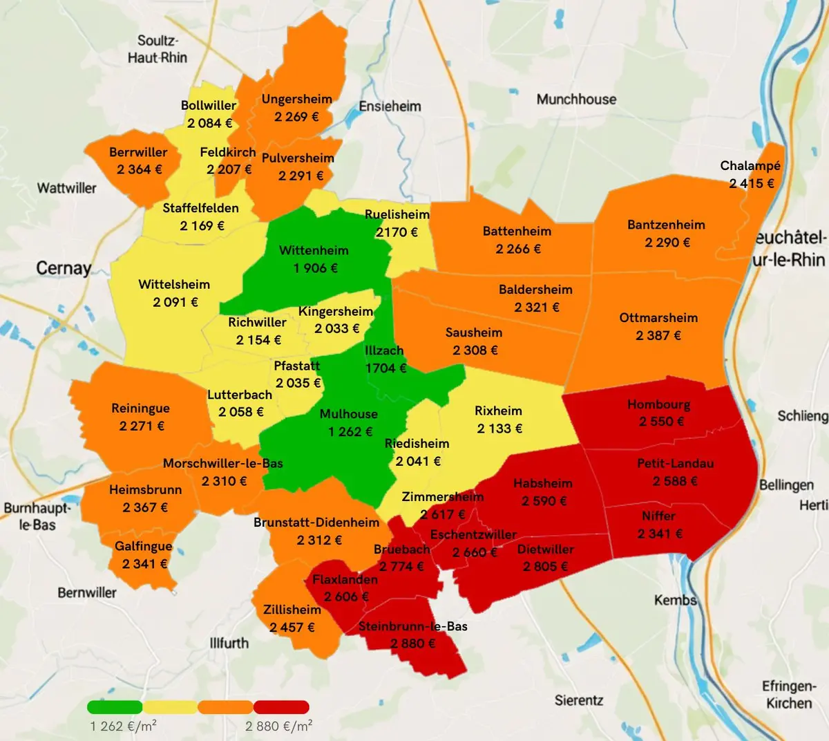 La carte des prix de la m2A dessine un paysage immobilier très contrasté, où l’on voit clairement se structurer plusieurs zones distinctes.