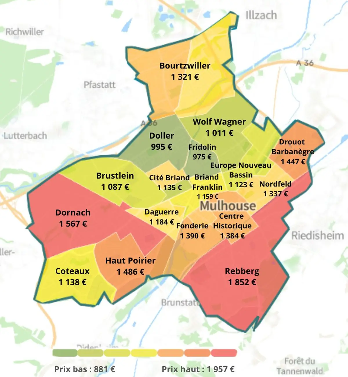 La carte du prix au m² à Mulhouse révèle de fortes disparités en fonction des quartiers.