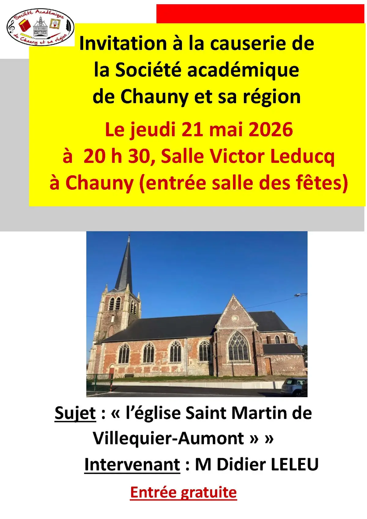 Invitation à la Causerie de la Société Académique de Chauny et sa Région