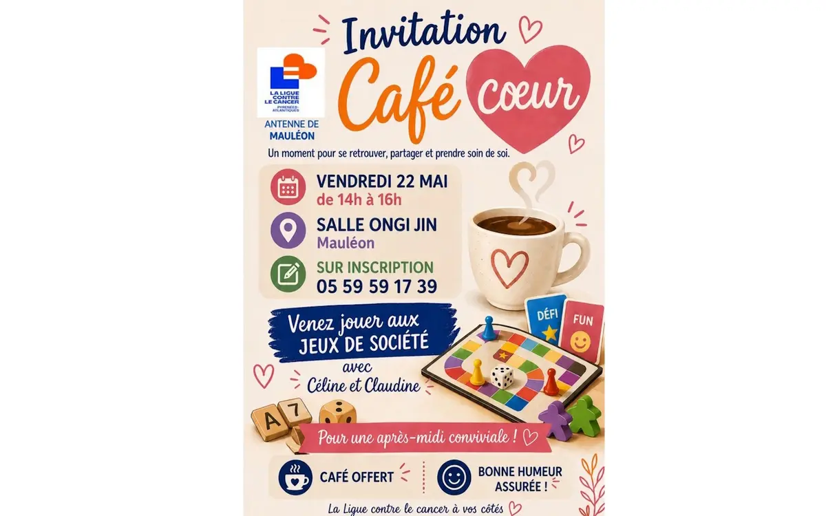 Invitation café coeur et jeux de société