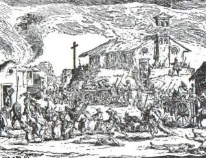 Gravure de Jacques Callot représentant un village pillé et détruit pendant la guerre de Trente Ans