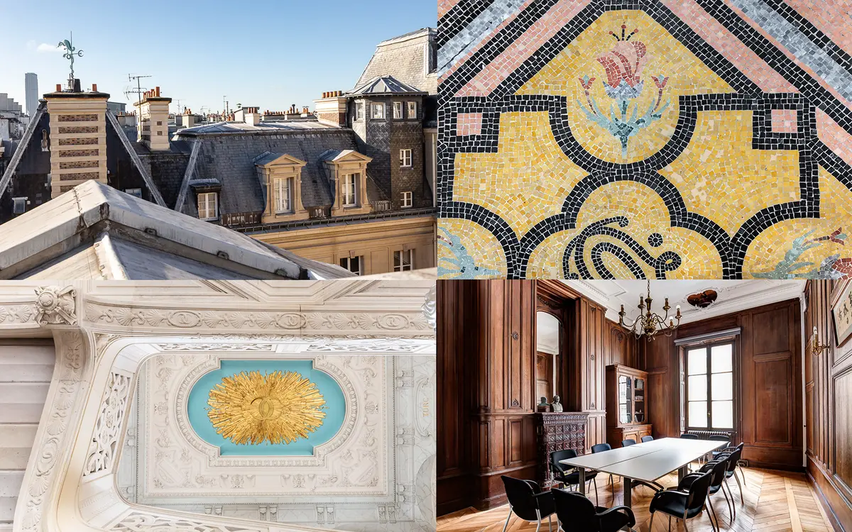 De gauche à droite : le toit de la Maison de la recherche avec vue sur la girouette ; les mosaïques au sol du couloir de l'entrée ; le plafond orné de l'escalier d'honneur ; l’ancienne salle à manger