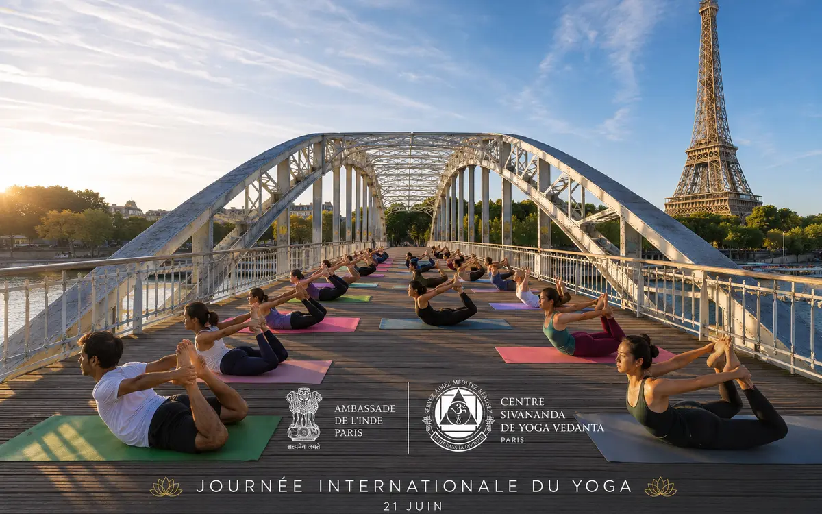 Venez célébrer le yoga à l'occasion de la journée internationale mondiale du yoga le 21 juin à Paris face à la Tour Eiffel. Nous nous retrouvons tous sur place à la passerelle DEBILLY face à la Tour Eiffel à 7h30/45 afin de s'installer pour suivre le cours donné par Swami Kailasananda de 8h à 9h.  8h – 9h : cours de yoga avec Swami Kailasananda sur la passerelle DEBILLY : https://share.google/OqVUUzP06K046lygF Entrée libre  On continue l'après-midi à partir de 16h au centre de yoga Sivananda Paris au 140 rue du faubourg Saint Martin pour pratiquer avec, au programme du yoga (atelier) ou ses 108 salutations au Soleil suivi par un concert exclusif !   A 16h, deux possibilités : 16h : 108 Salutations au Soleil  16h : Atelier “Le yoga, une pratique globale, une expérience personnelle » avec Swami Kailasananda  17h30 : Collation  18h : Satsang avec Swami Kailasananda : méditation, chant de kirtans, projection d'une video « Un monde, une pratique : le yoga ».  19h30 : EXCLUSIVITE Concert de musique Karnatique avec Bhavana Pradyumna (Conservatoire de musique indienne Paris)