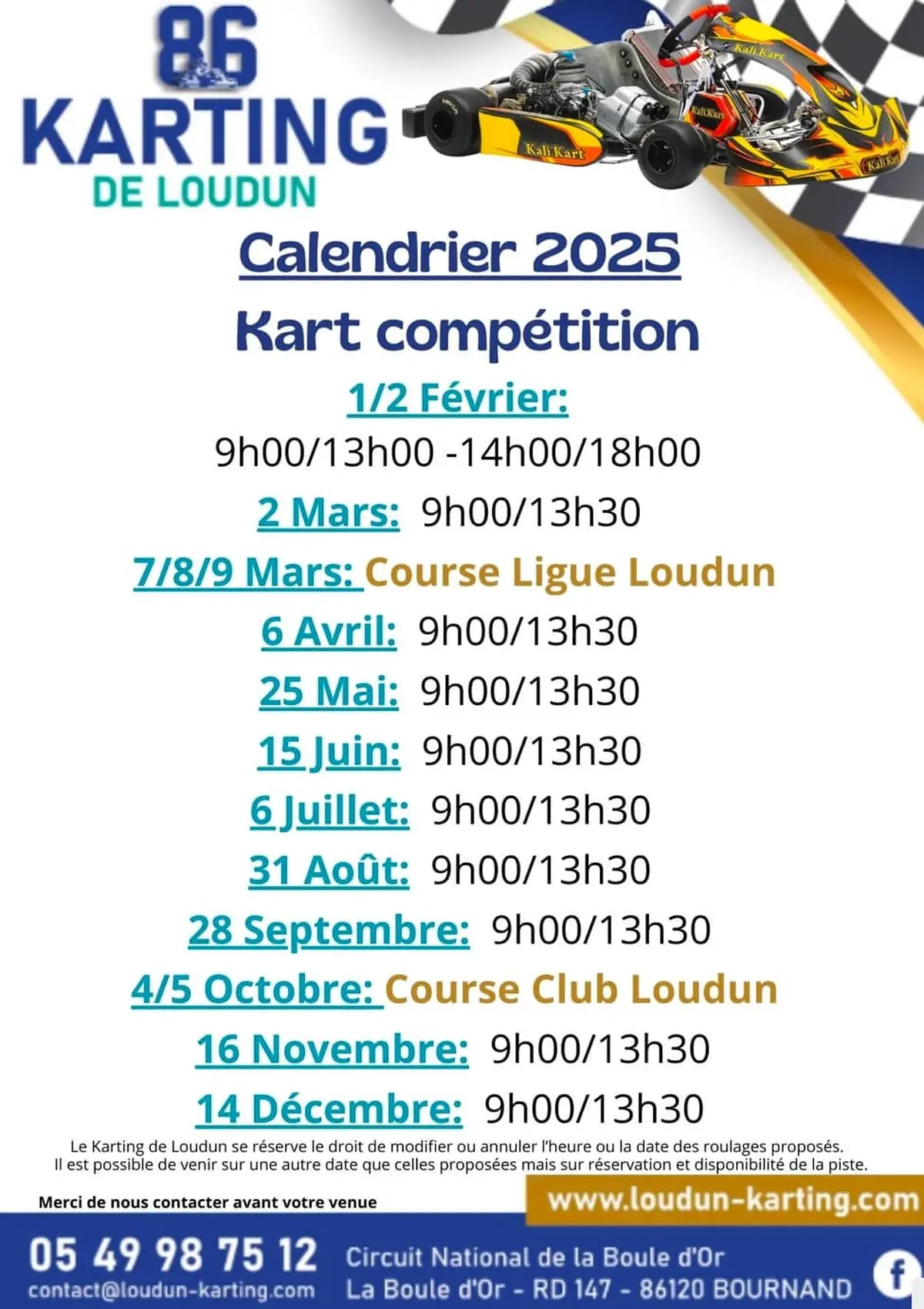 Kart compétition - calendrier 2025