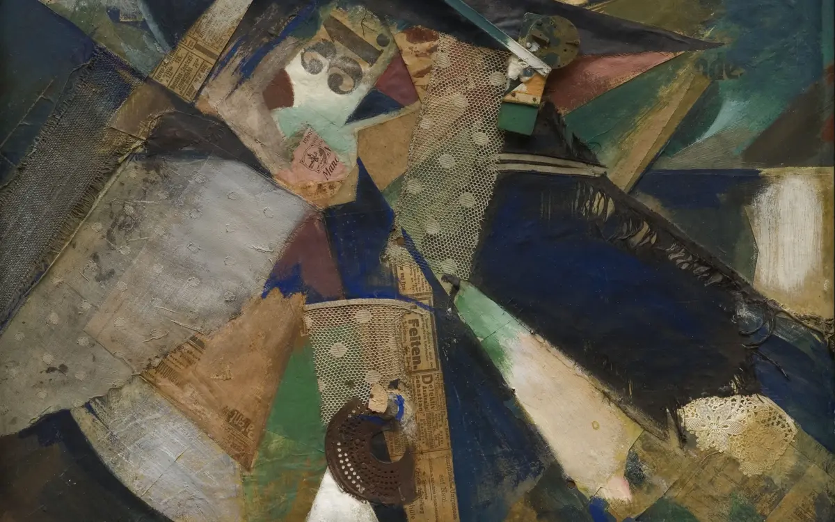 Merzbild Einunddreissig, Kurt Schwitters (1920), Huile, papier, bois, métal, tissu et ouate sur carton montés sur châssis en bois, Sprengel Museum Hannover (Hanovre)