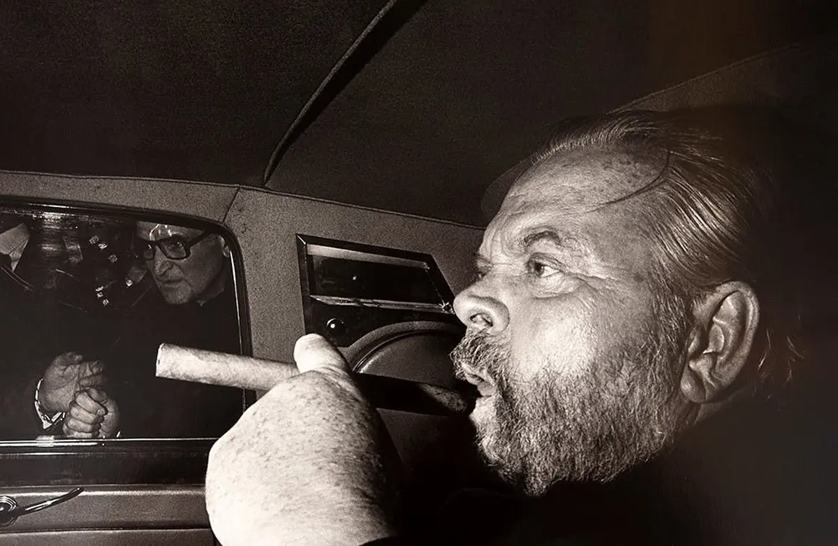 Homme âgé avec une barbe épaisse, tenant un cigare, vue de profil en gros plan à l'intérieur d'un espace faiblement éclairé.