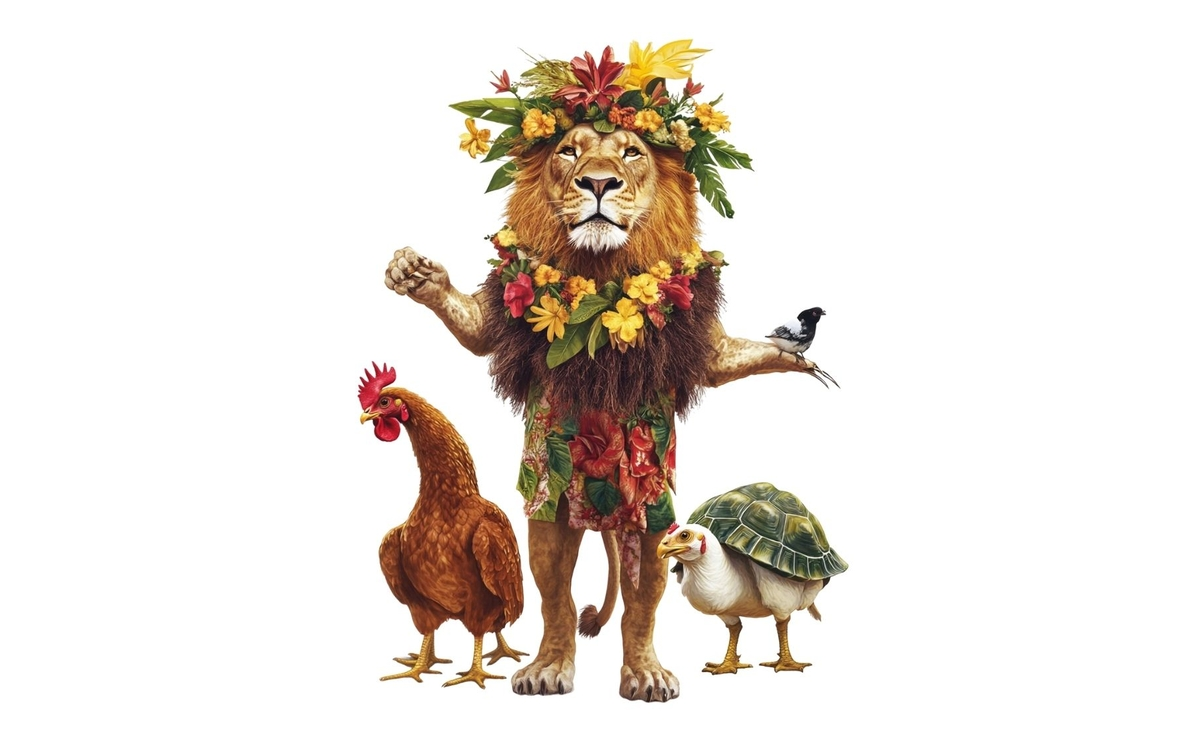 un lion et une poule à 4 pattes et tortue poule