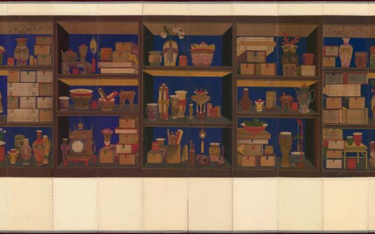 Paravent à dix panneaux représentant une bibliothèque, Corée, époque du Joseon (1392-1910), xixe siècle, Encre, couleurs et or sur soie, Séoul, musée national de Corée © National Museum of Korea’s public work is used according to KOGL