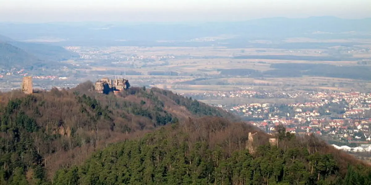 Le Haut-Barr, entour&eacute; des Petit et Grand Geroldseck, surplombe fi&egrave;rement la plaine d'Alsace