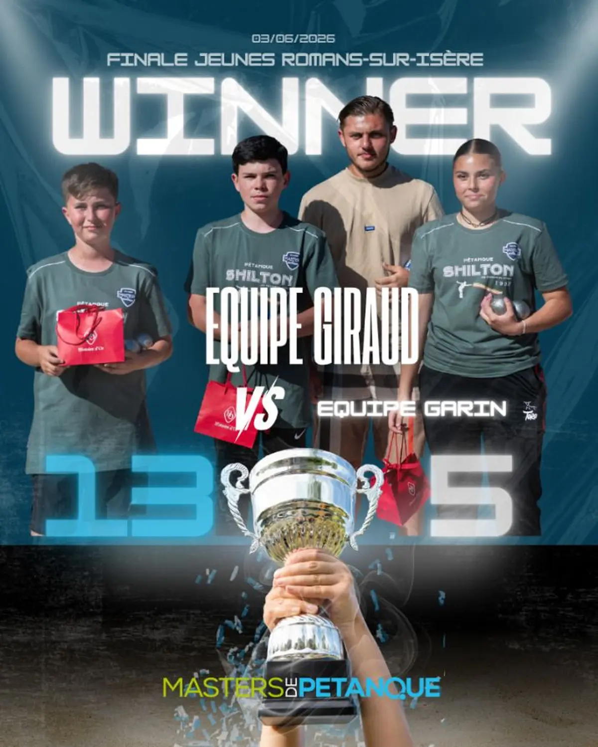 La finale Jeunes de la première étape a vu l'équipe Ruby Giraud, Liam Conti et Mayron Oinne l'emporter sur l'équipe Shanon Garin, Mathéo Juenet et Quentin Aymard sur le score de 13 à 5. 