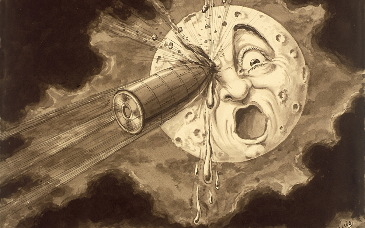 Dessin de Georges Méliès pour Le voyage dans la lune, 9e tableau : En plein dans l'œil, 1902.