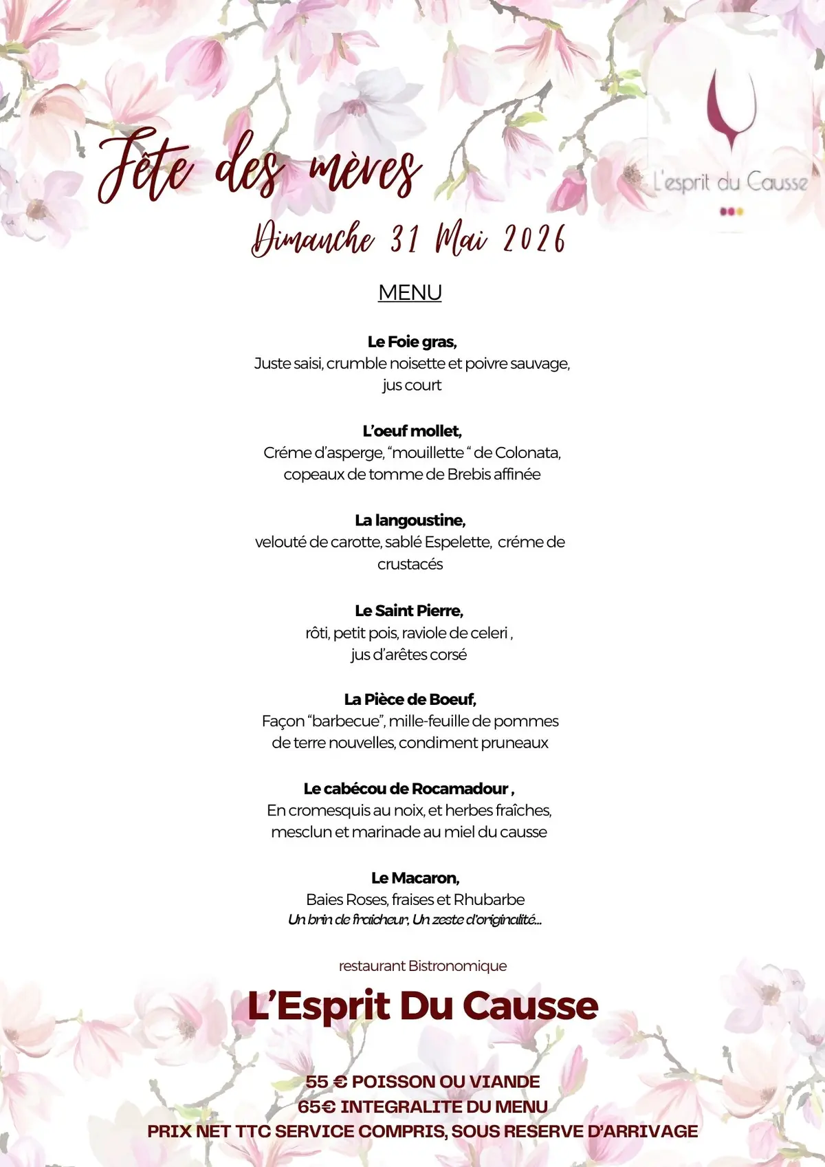 Menu de fête des mères à l'Esprit du Causse