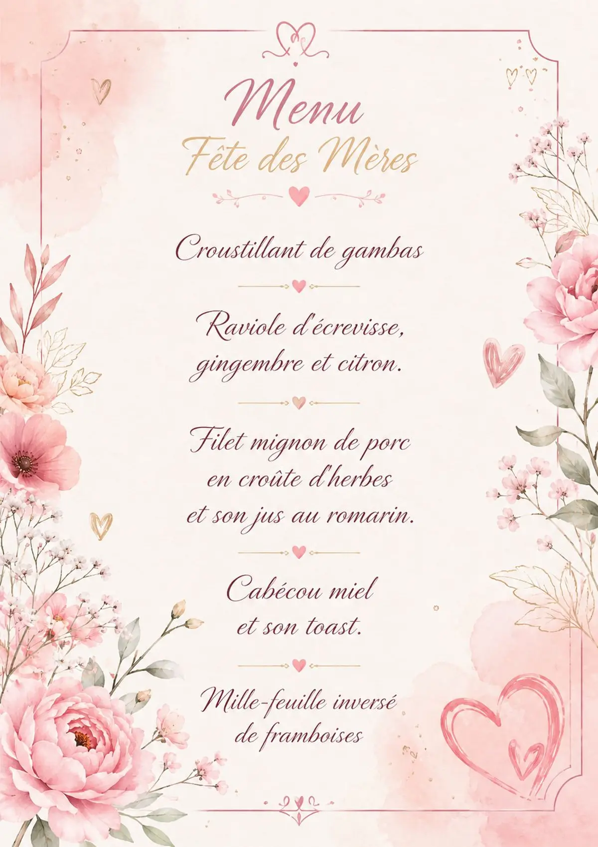 Menu de fête des mères au restaurant l'Entre Amis