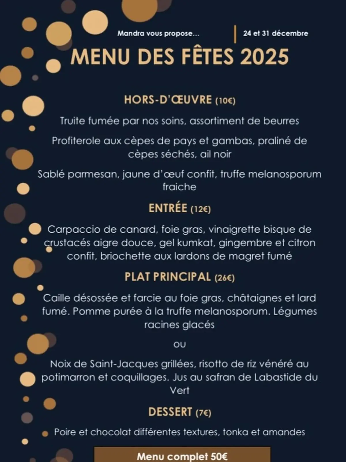 Menu de fêtes à emporter à Mandra Roulotte Fumante