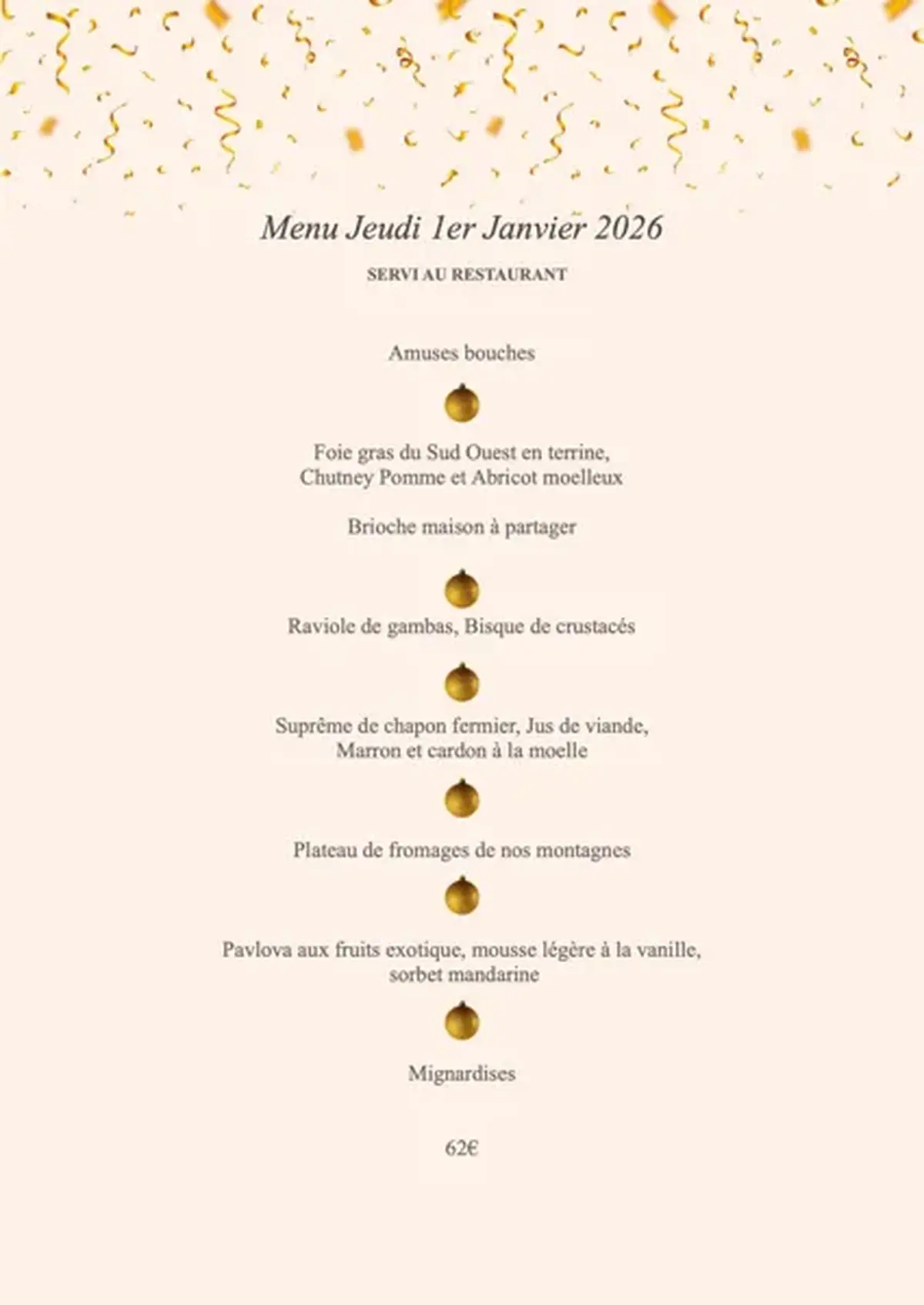 Menu de fêtes au Moulin d'Alexandre à Ste Eulalie d'Olt