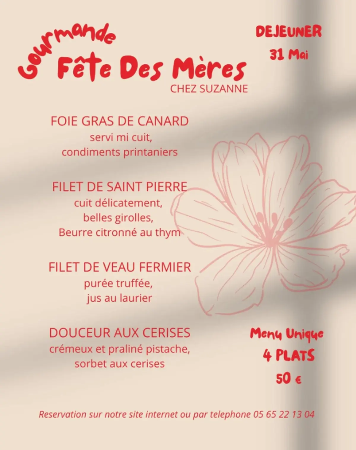 Menu de la fête des mères Chez Suzanne