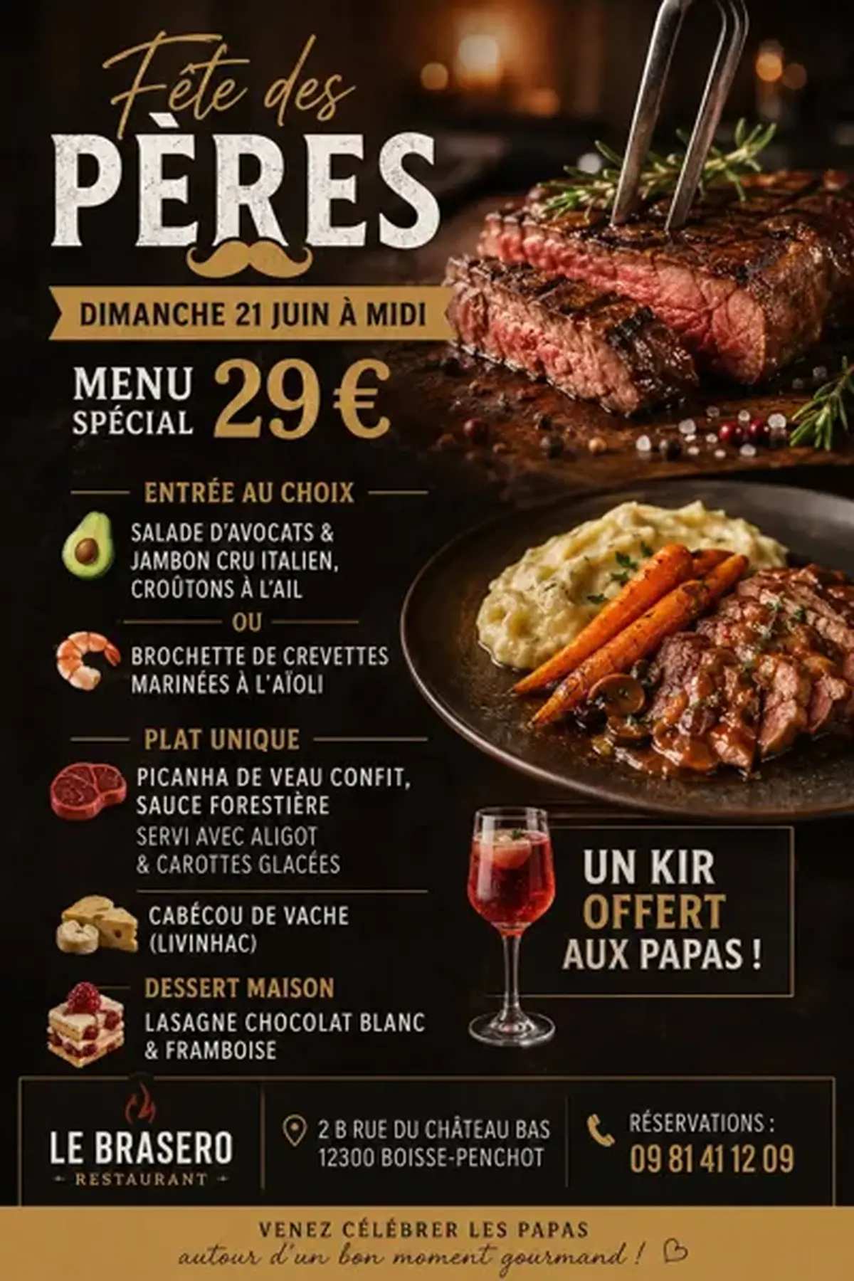 Menu de la fête des pères au Brasero