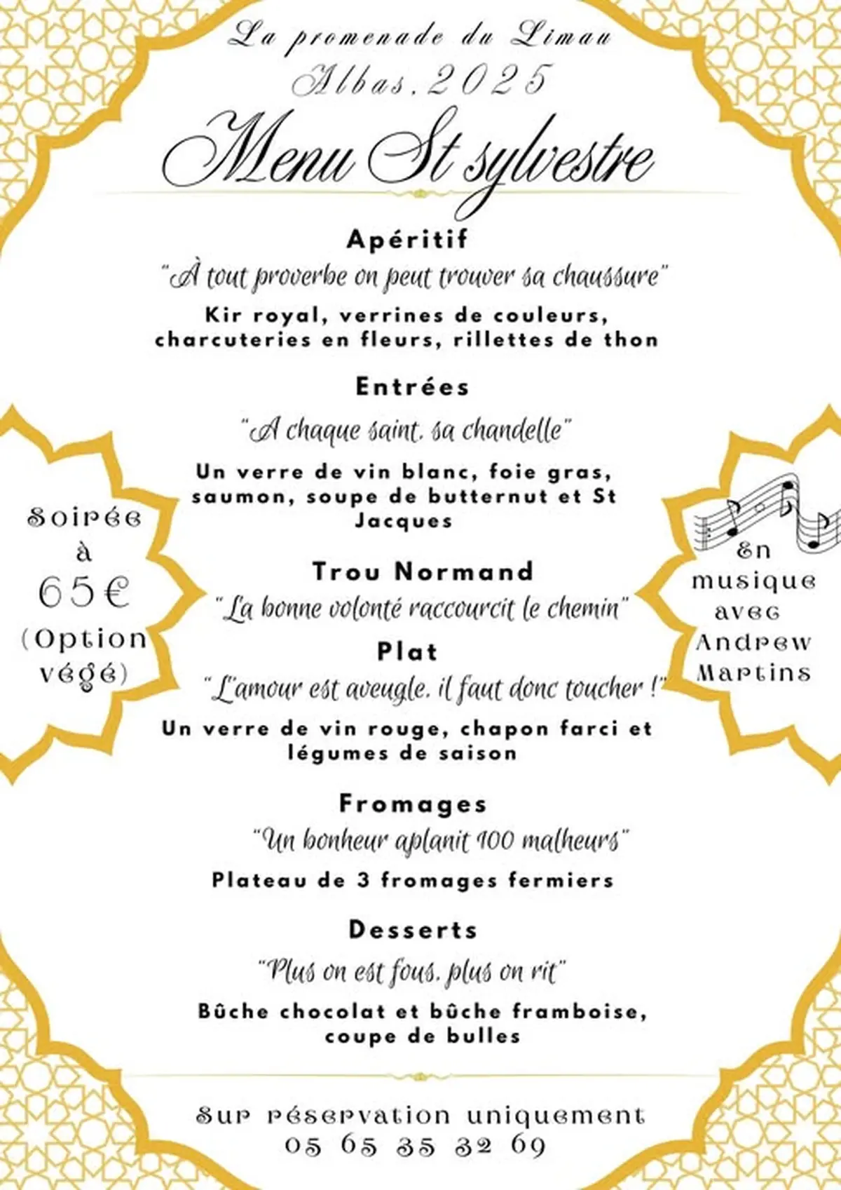 Menu de la Saint-Sylvestre au restaurant la Promenade du Limau