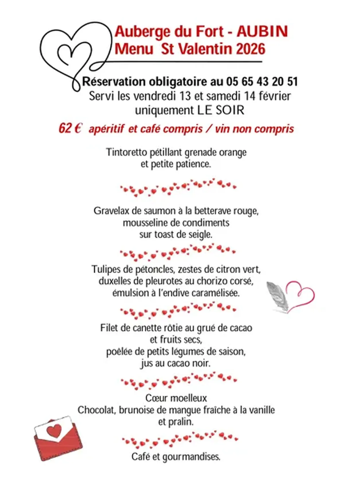 Menu de la Saint Valentin à l'Auberge du Fort