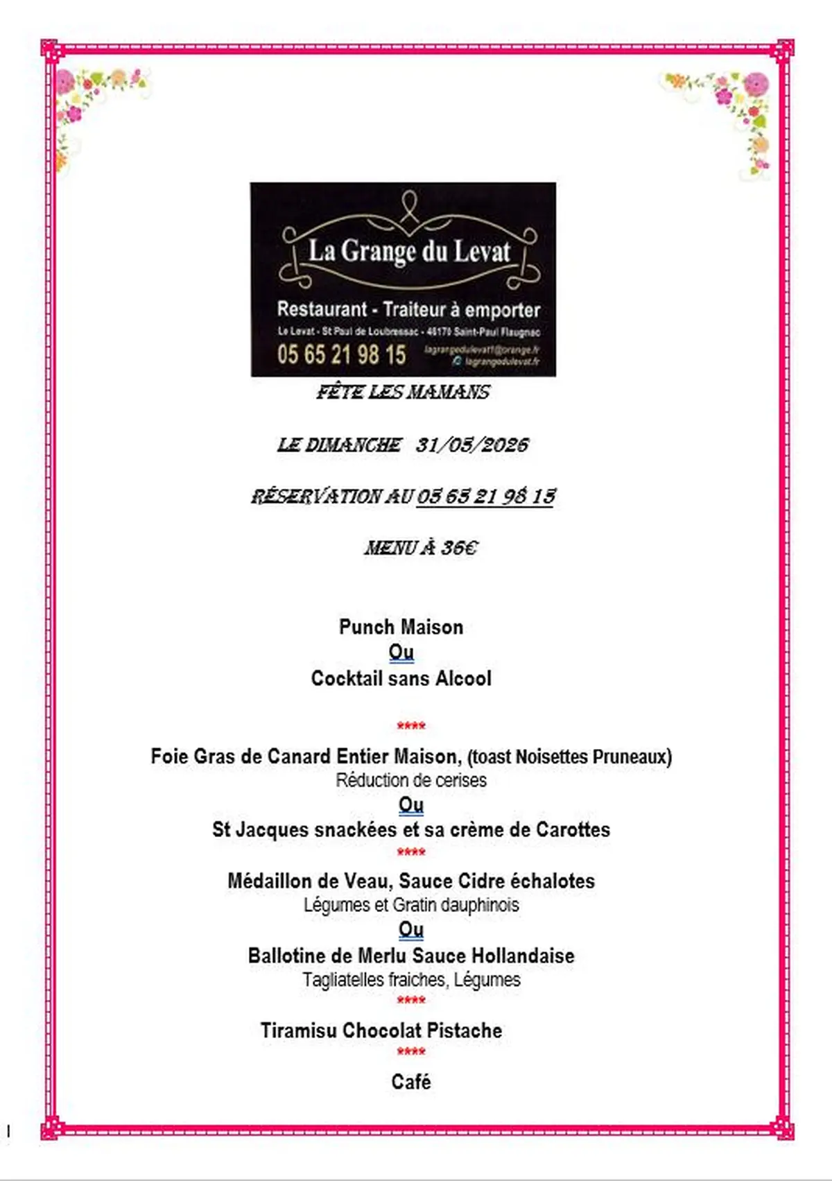 Menu de la Saint-Valentin à La Grange du Levat