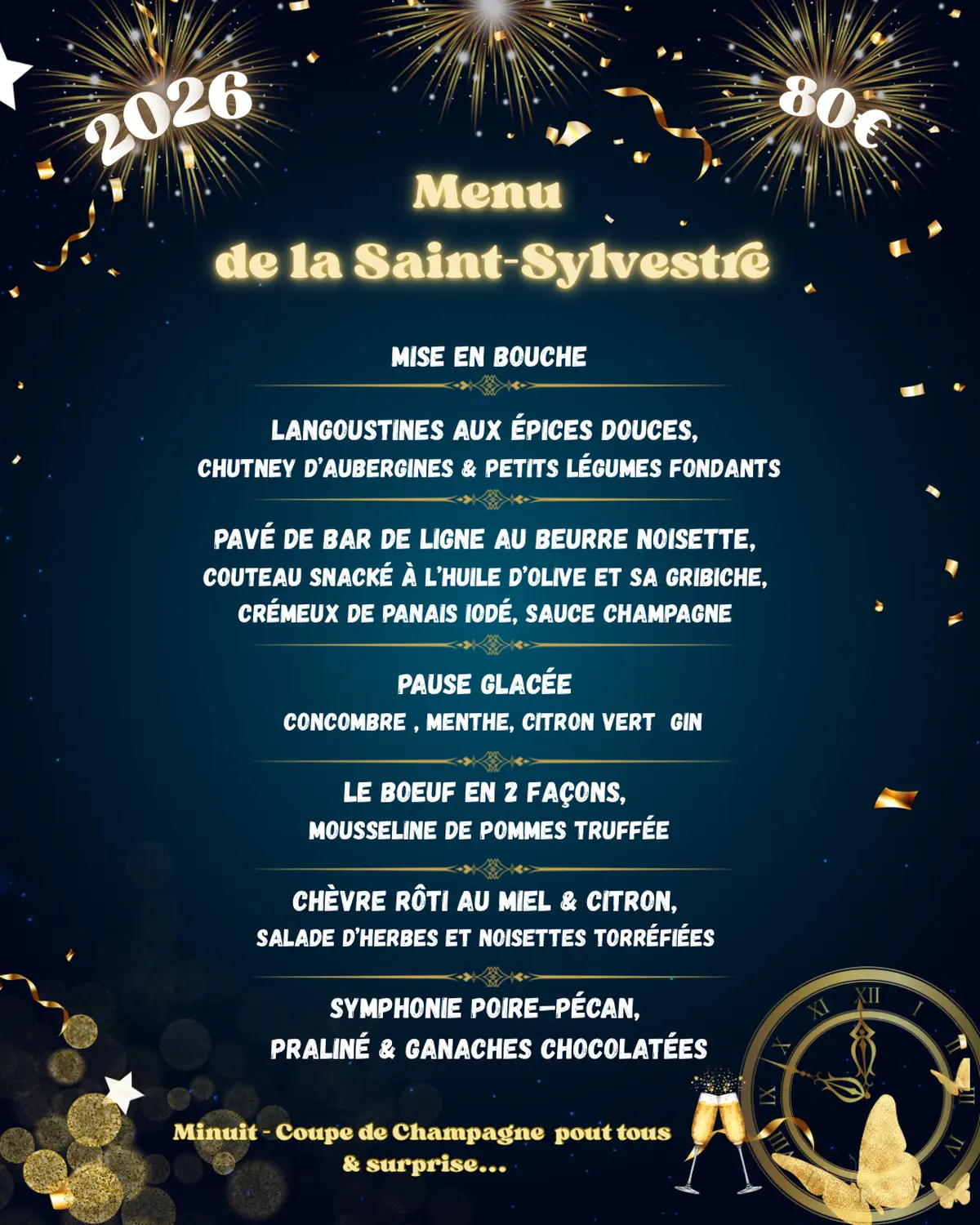 Menu de la St Sylvestre à la Ferme de Huchet