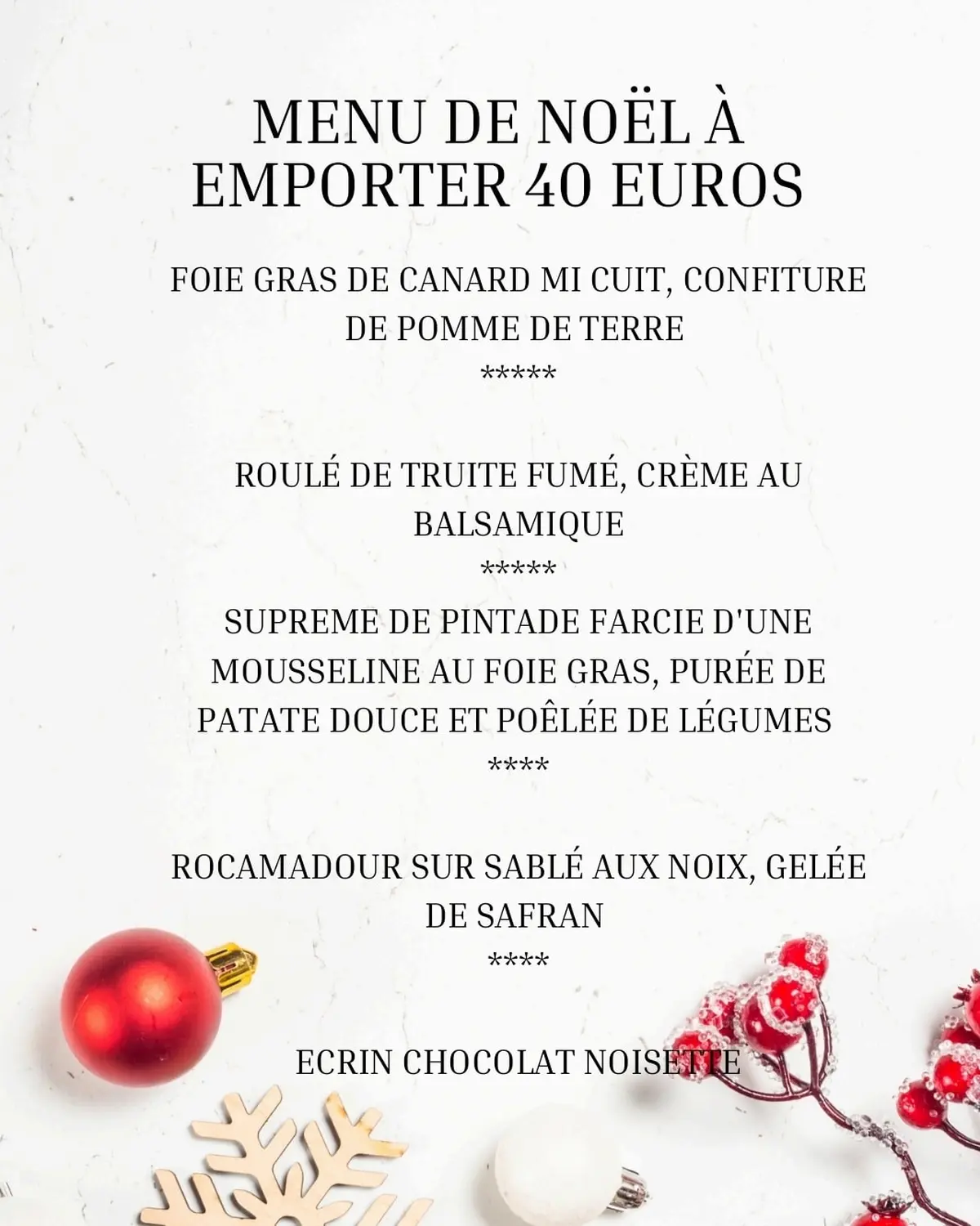Menu de noël à emporter à La Bergerie