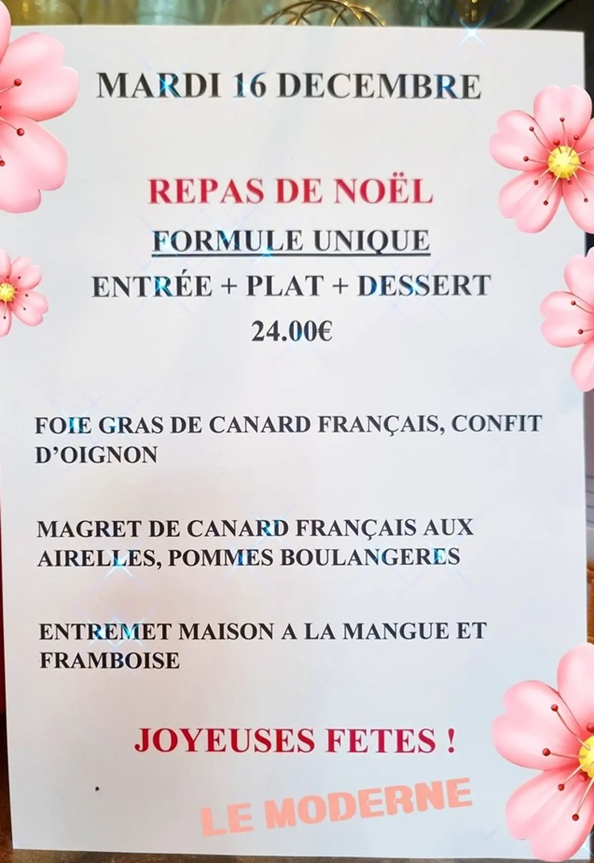 Menu de Noël au Moderne