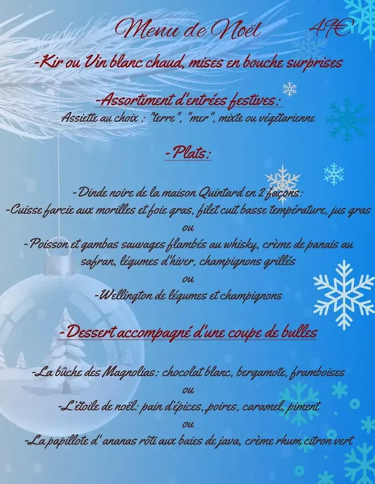 Menu de Noël aux Magnolias