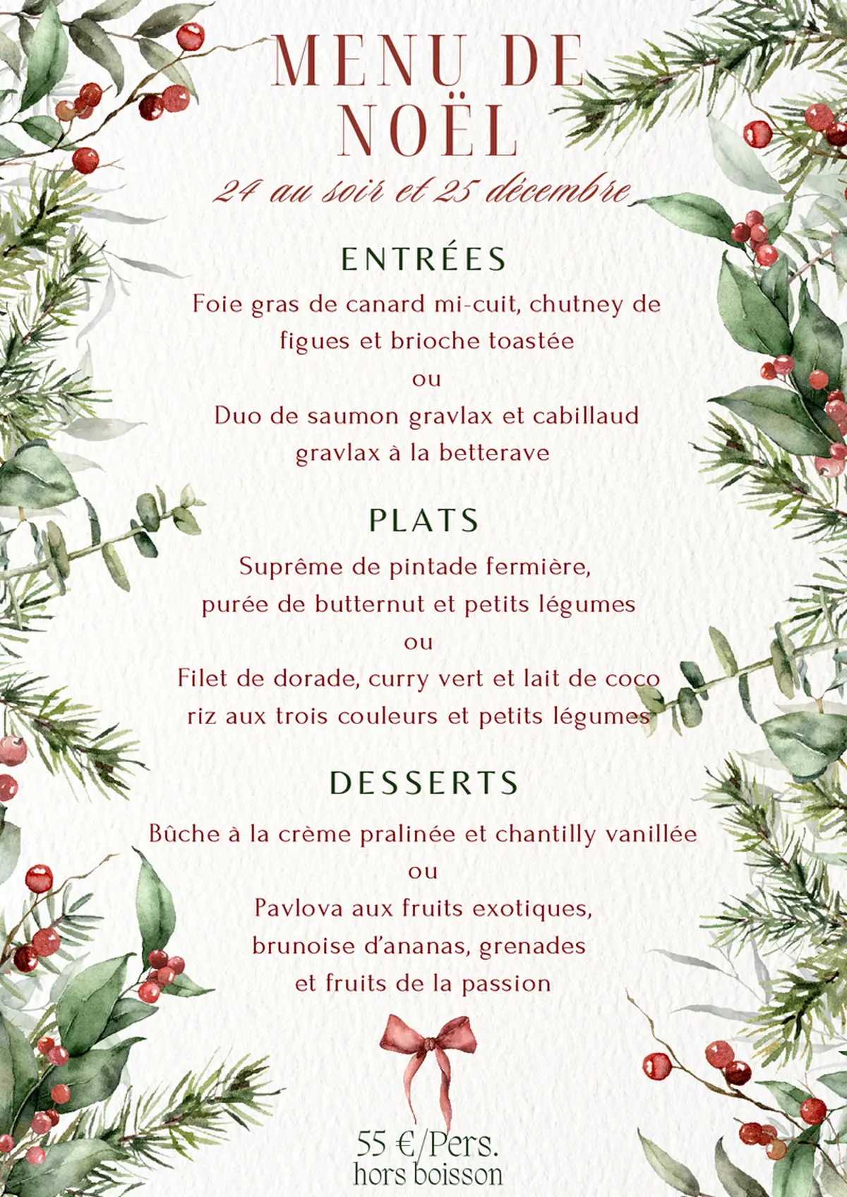 Menu de Noël du Restaurant des Pins