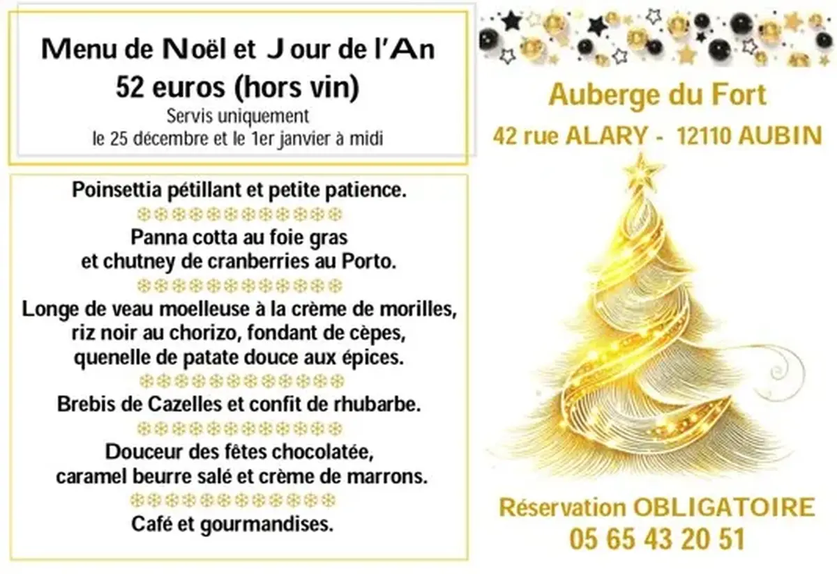 Menu de Noël et Jour de l'an à l'Auberge du Fort