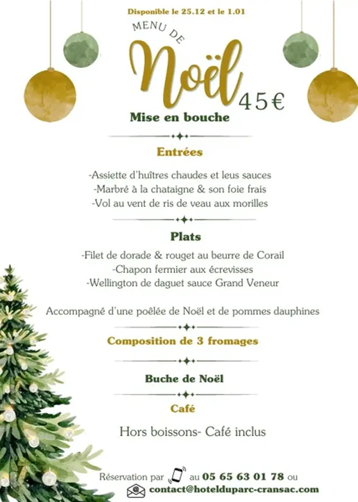 Menu de Noël et Jour de l'An à l'Hôtel du Parc