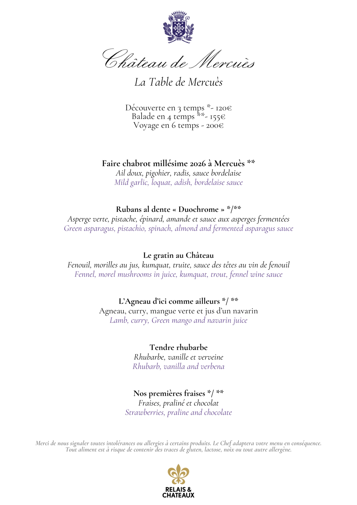 Menu de pâques au Château de Mercuès