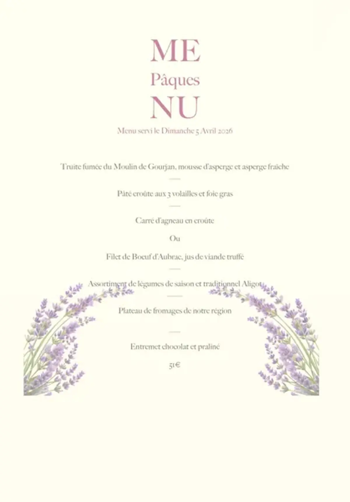 Menu de Pâques au Moulin d'Alexandre