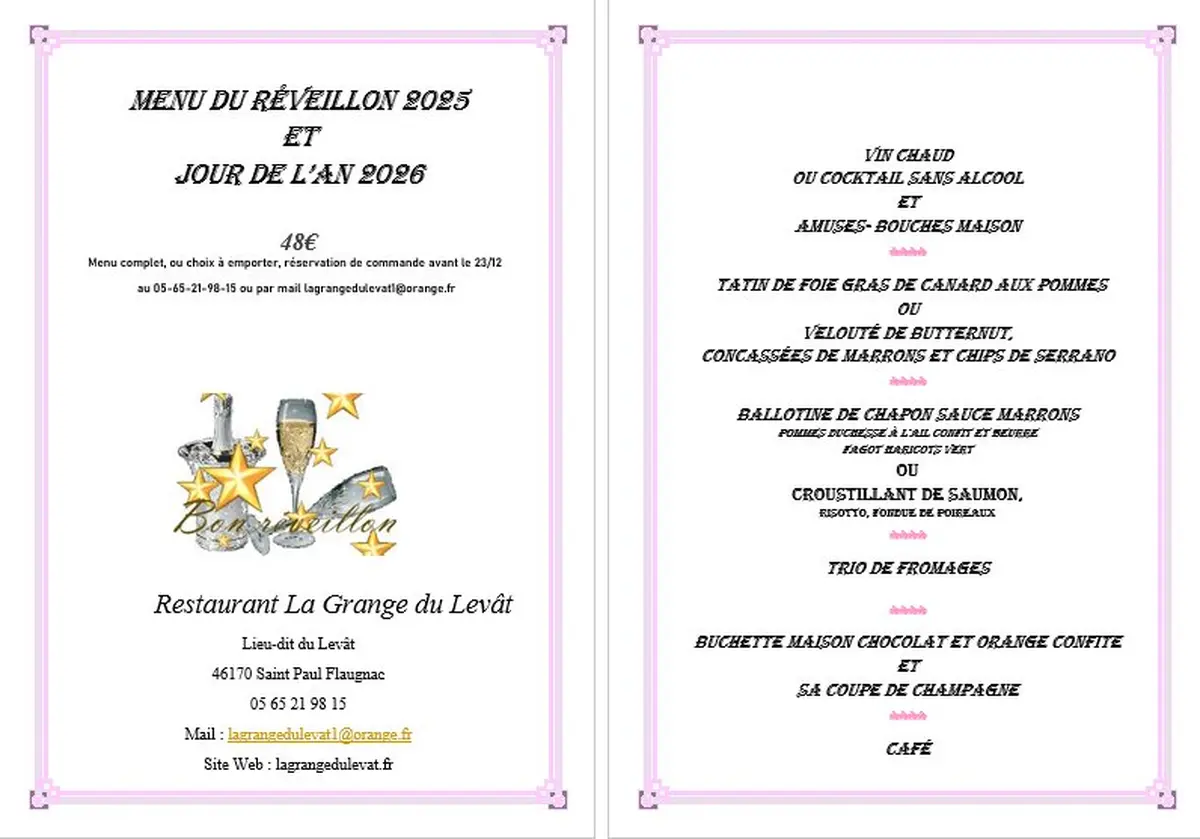 Menu de reveillon à la Grange du Levat