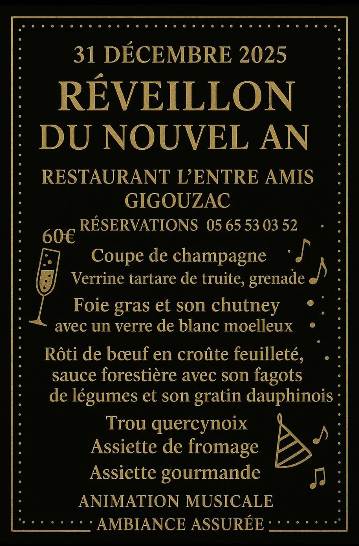 Menu de réveillon au restaurant l'Entre Amis