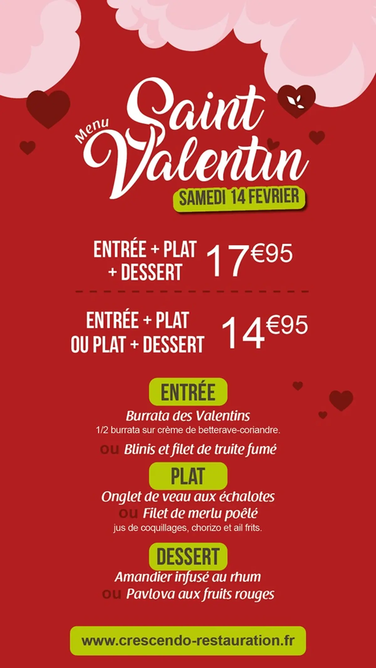 Menu de Saint-Valentin au Crescendo