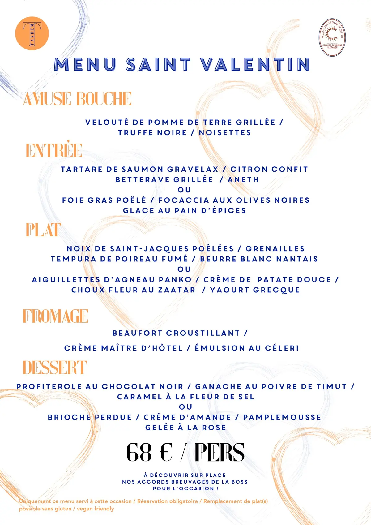 Menu de Saint Valentin chez Tandem