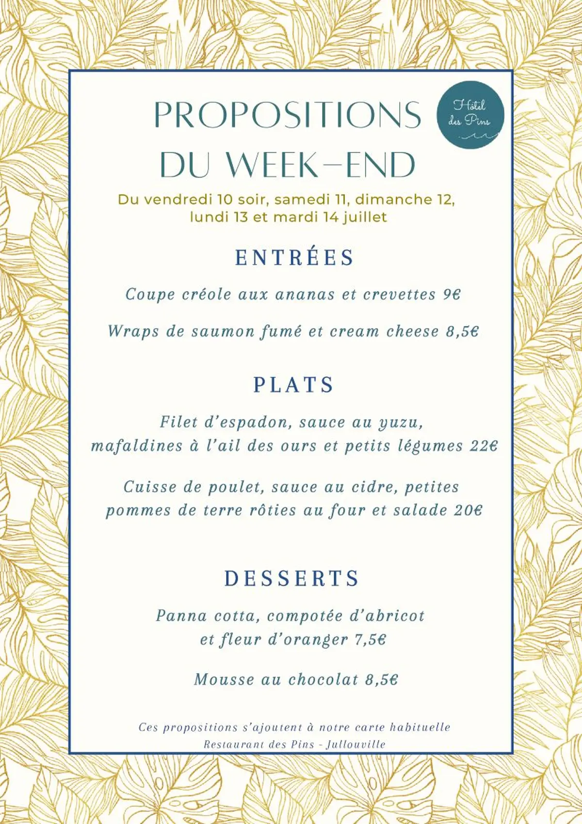 Menu de week-end - Hôtel des Pins