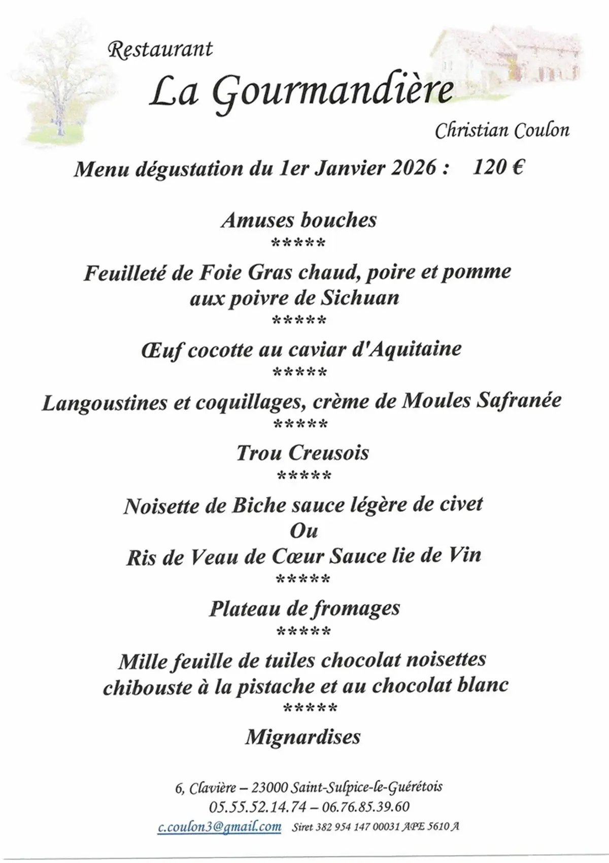 Menu dégustation du 1er janvier à La Gourmandière