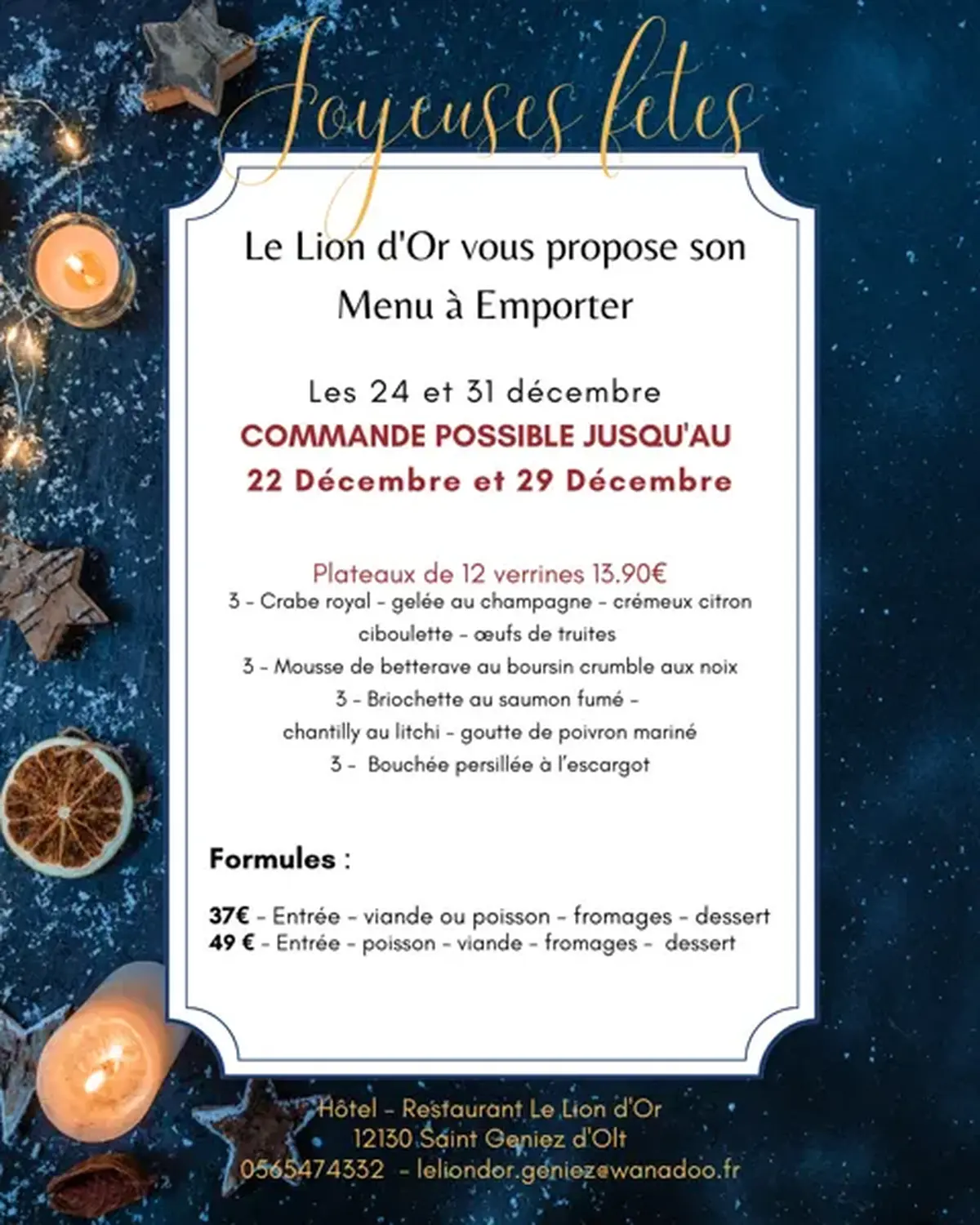Menu des fêtes à emporter : Le Lion d'Or à St Geniez d'Olt
