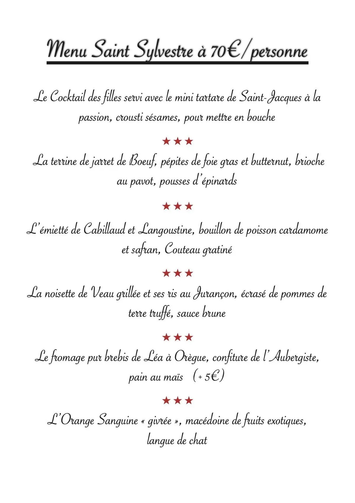 Menu des fêtes L'Auberge du Pas de Vent (Midi)