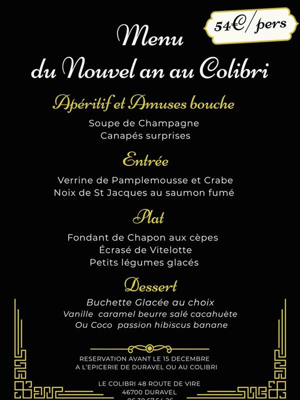 Menu du Nouvel An au Colibri