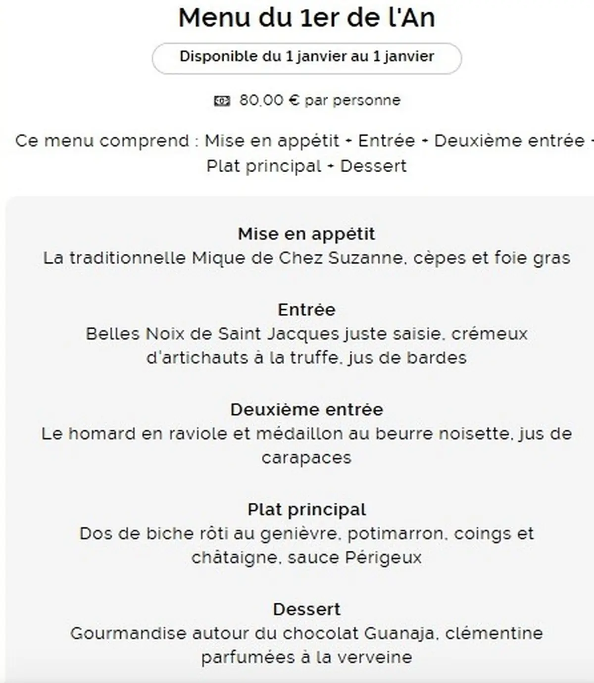 Menu du premier de l'an au restaurant Chez Suzanne