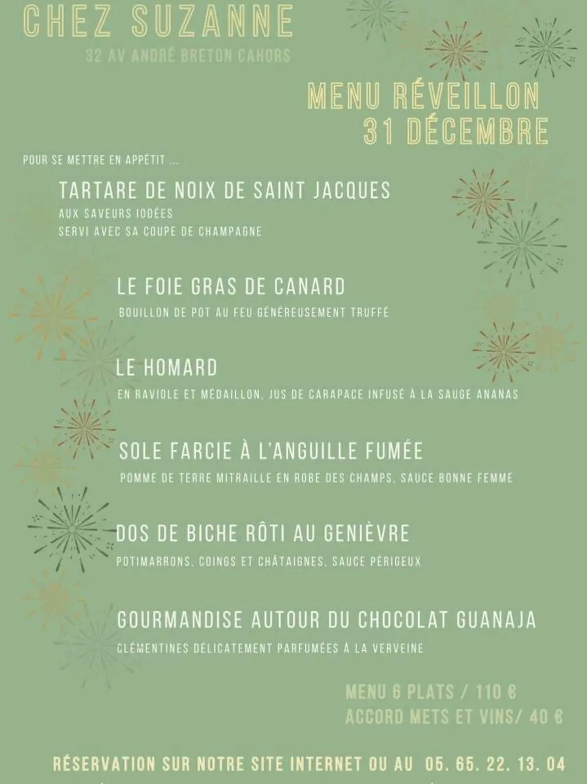 Menu du réveillon de la Saint-Sylvestre au restaurant Chez Suzanne
