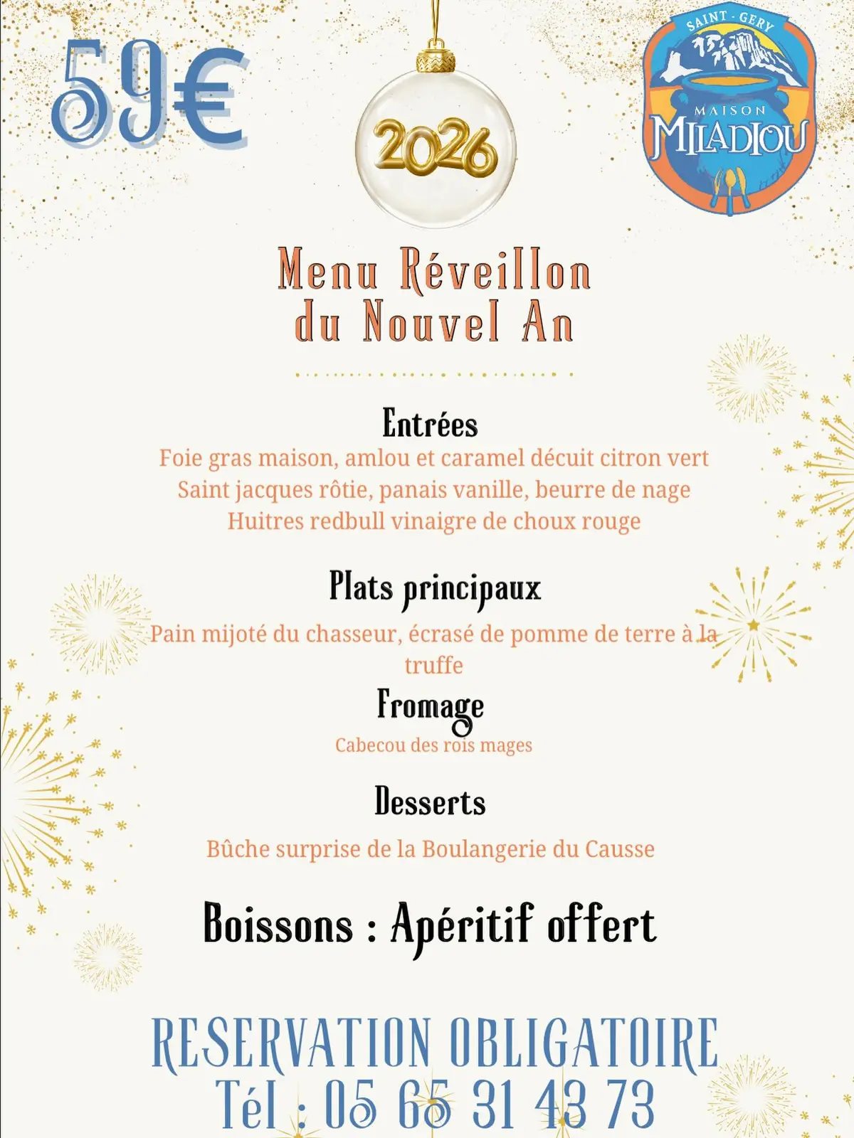 Menu du réveillon du nouvel an à la Maison Miladiou