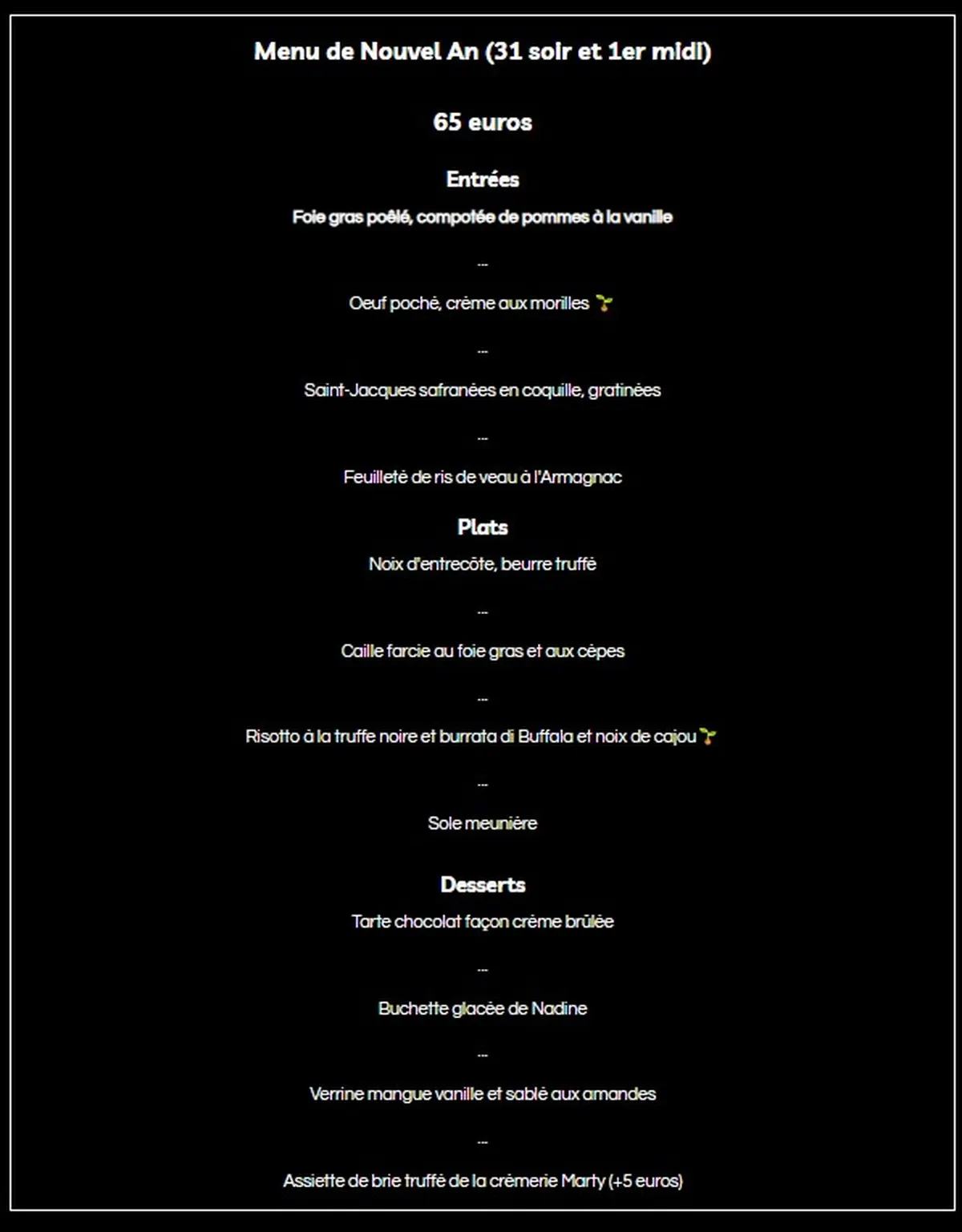 Menu du Réveillon et du Nouvel An  à la Petite Auberge