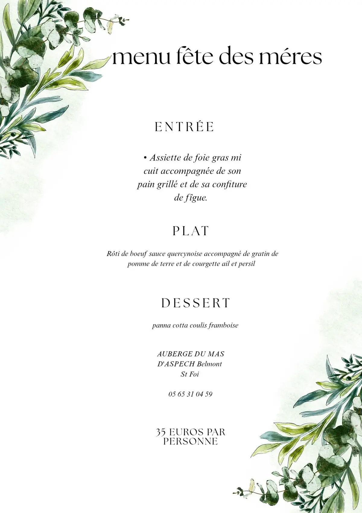 Menu Fête des Mères du Mas d'Aspech