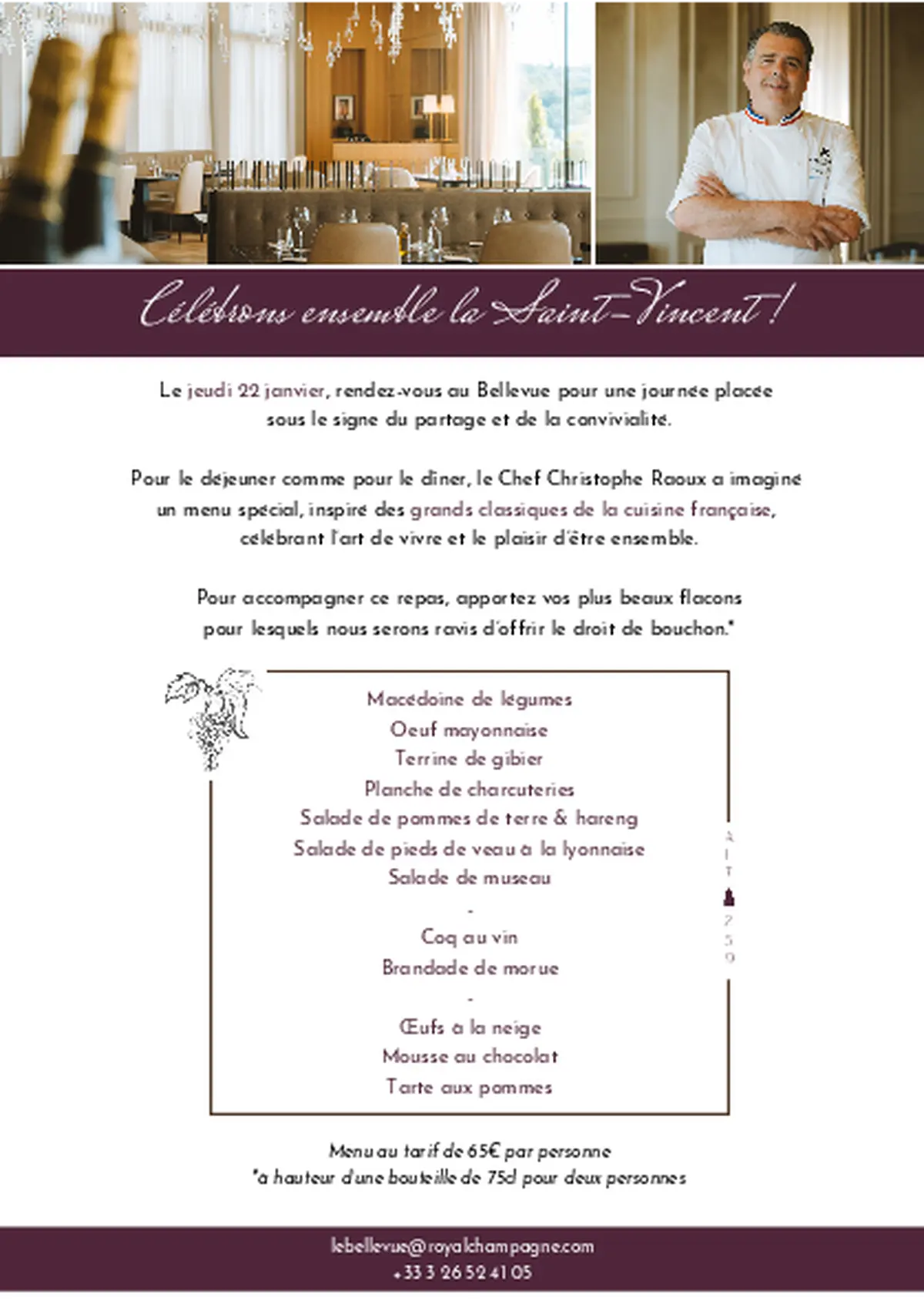 Menu Saint-Vincent au restaurant le Bellevue