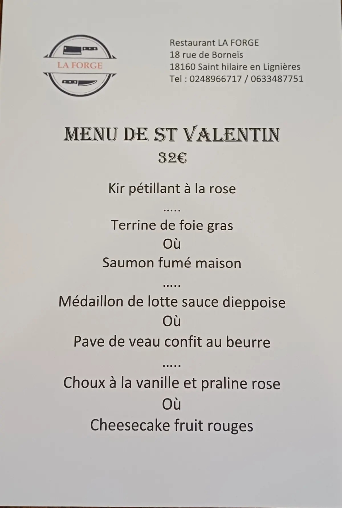 Menu spécial Saint Valentin à la Forge